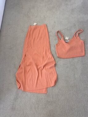 Free People Ribbed Knit Skirt Set in Coral